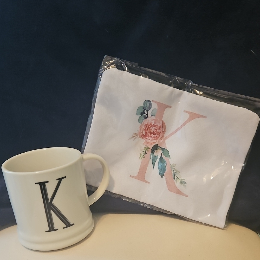 Monogrammed Mug and Floral Makeup Bag